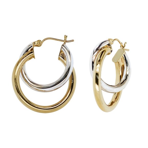 Round Double Hoop Earrings 14K Two-Tone Gold - Picture 1 of 4